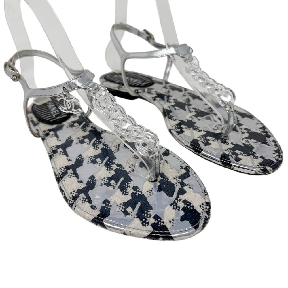 Chanel Clear Chain CC Logo Houndstooth Thong Flat Sandals Silver Size 39